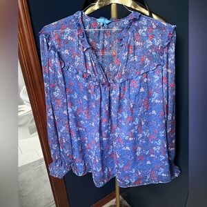 Draper James Women's Periwinkle Blue Floral Long-Sleeve Ruffle Blouse- Size 3X